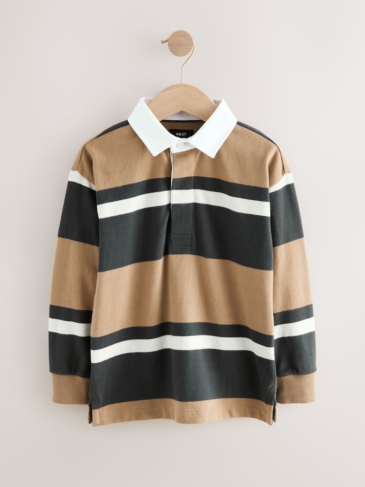 Cement/Charcoal Long Sleeve Rugby 100% Cotton Polo Shirt (3-16yrs) - Image 1 of 4 Cement/Charcoal Long Sleeve Rugby 100% Cotton Polo Shirt (3-16yrs) - Image 1 of 4