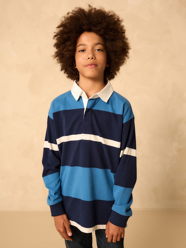 Blue/White Long Sleeve Rugby 100% Cotton Polo Shirt (3-16yrs) - Image 1 of 8 Blue/White Long Sleeve Rugby 100% Cotton Polo Shirt (3-16yrs) - Image 1 of 8