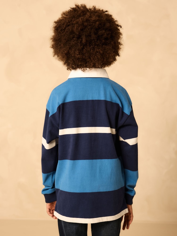 Blue/White Long Sleeve Rugby 100% Cotton Polo Shirt (3-16yrs) - Image 2 of 8 Blue/White Long Sleeve Rugby 100% Cotton Polo Shirt (3-16yrs) - Image 2 of 8