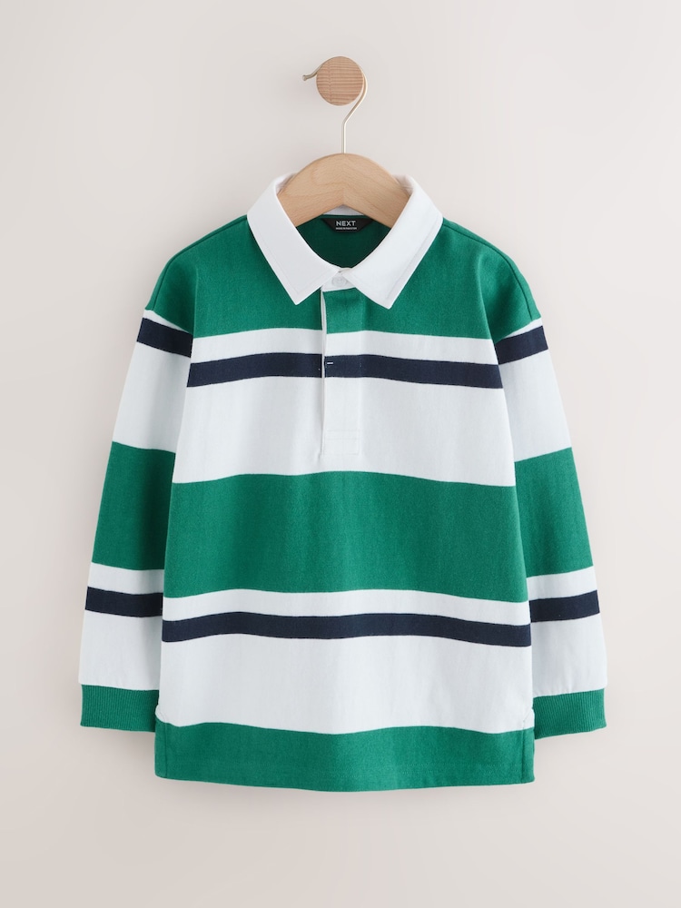 Green/White Long Sleeve Rugby 100% Cotton Polo Shirt (3-16yrs) - Image 1 of 4 Green/White Long Sleeve Rugby 100% Cotton Polo Shirt (3-16yrs) - Image 1 of 4