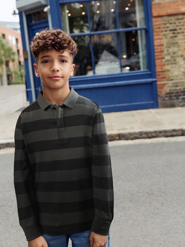 Charcoal/Grey Stripe Long Sleeve Polo Shirt (3-16yrs) - Image 1 of 2