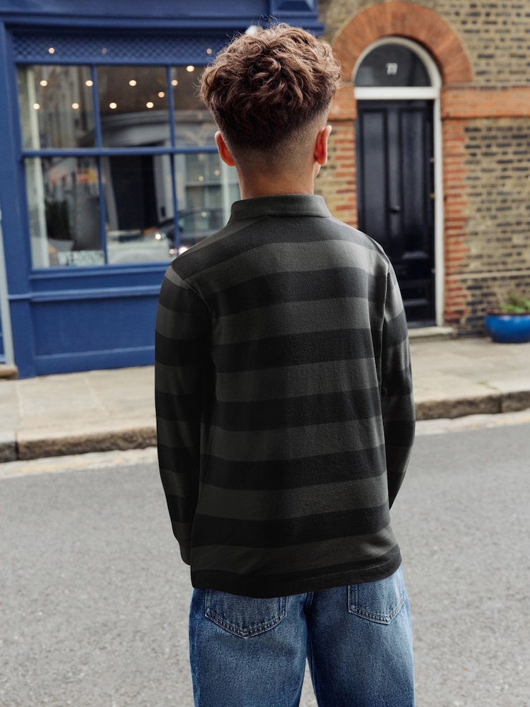 Charcoal/Grey Stripe Long Sleeve Polo Shirt (3-16yrs) - Image 2 of 2