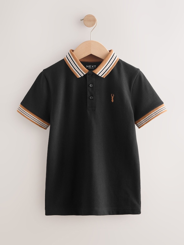 Black/Tan Stripe Tipped Collar Short Sleeve Polo Shirt (3-16yrs) - Image 1 of 4