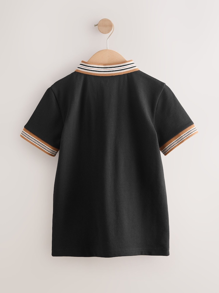Black/Tan Stripe Tipped Collar Short Sleeve Polo Shirt (3-16yrs) - Image 2 of 4
