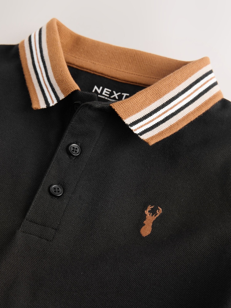 Black/Tan Stripe Tipped Collar Short Sleeve Polo Shirt (3-16yrs) - Image 4 of 4