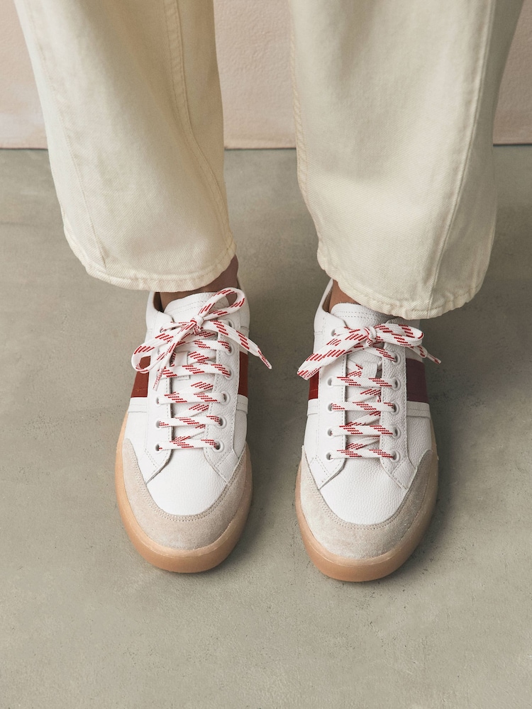 White Signature Premium Leather Chunky Side Stripe Lace Up Trainers - Image 1 of 10