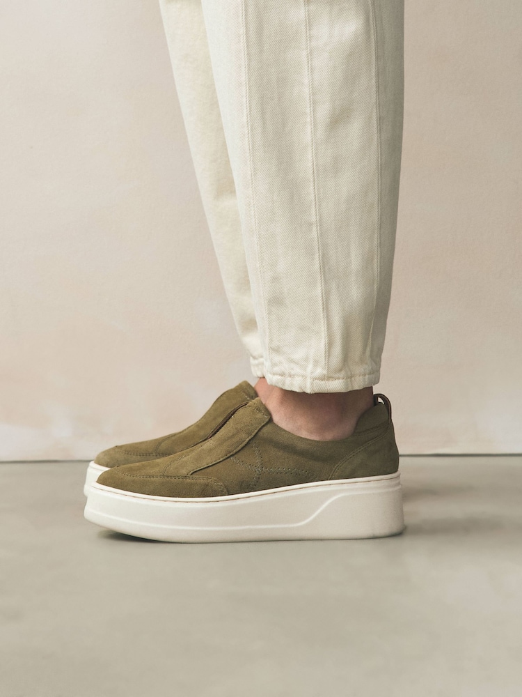 Khaki Green Slip On Signature Forever Comfort® Leather Chunky Wedge Platform Trainers - Image 2 of 11