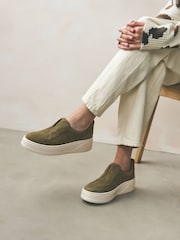 Khaki Green Slip On Signature Forever Comfort® Leather Chunky Wedge Platform Trainers - Image 3 of 11
