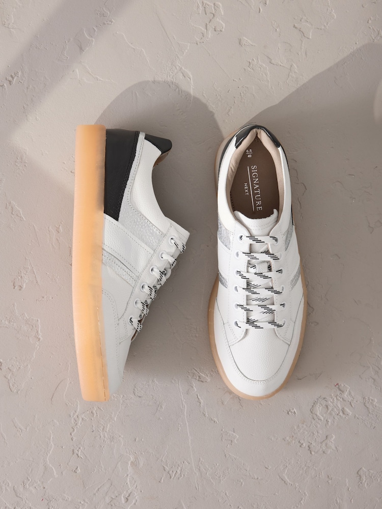 Black/White Signature Premium Leather Chunky Side Stripe Lace Up Trainers - Image 1 of 12