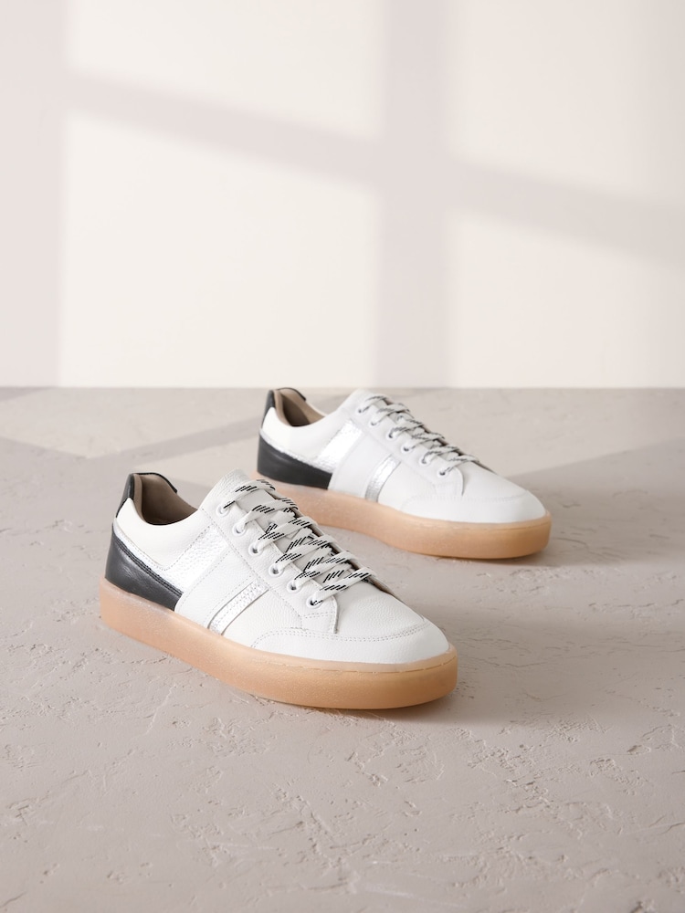 Black/White Signature Premium Leather Chunky Side Stripe Lace Up Trainers - Image 2 of 12