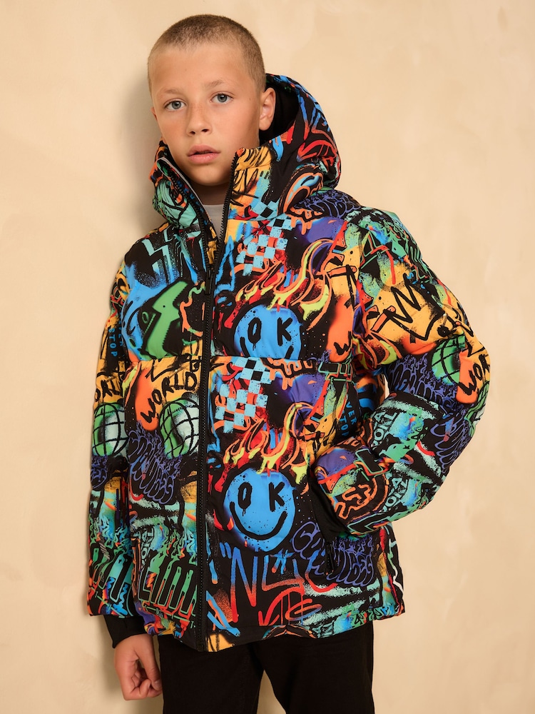 Multicoloured Graffiti Shower Resistant Microfleece Lined Padded Coat (3-17yrs) - Image 1 of 4 Multicoloured Graffiti Shower Resistant Microfleece Lined Padded Coat (3-17yrs) - Image 1 of 4