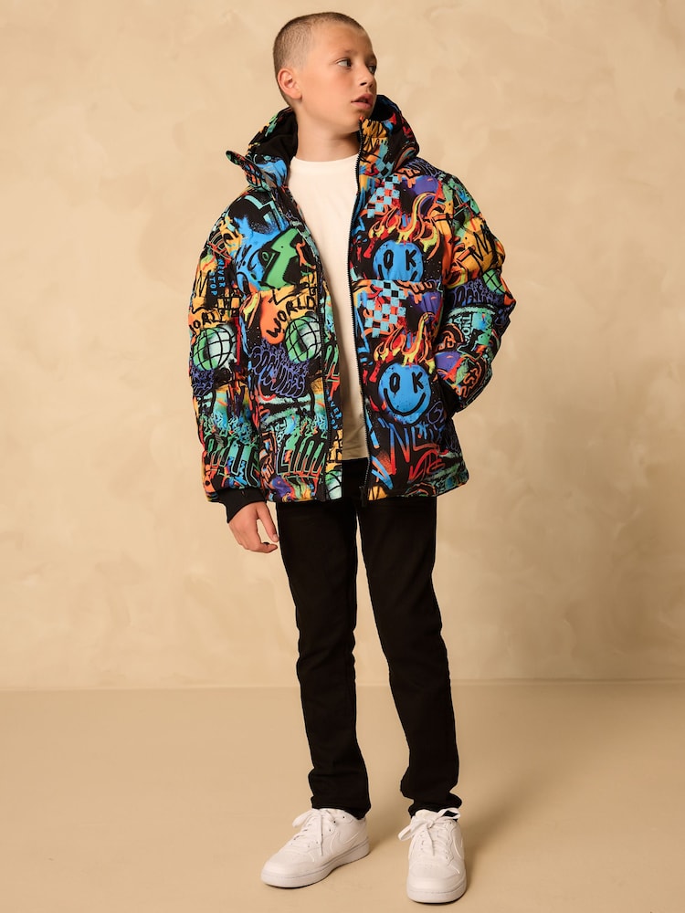 Multicoloured Graffiti Shower Resistant Microfleece Lined Padded Coat (3-17yrs) - Image 2 of 4 Multicoloured Graffiti Shower Resistant Microfleece Lined Padded Coat (3-17yrs) - Image 2 of 4
