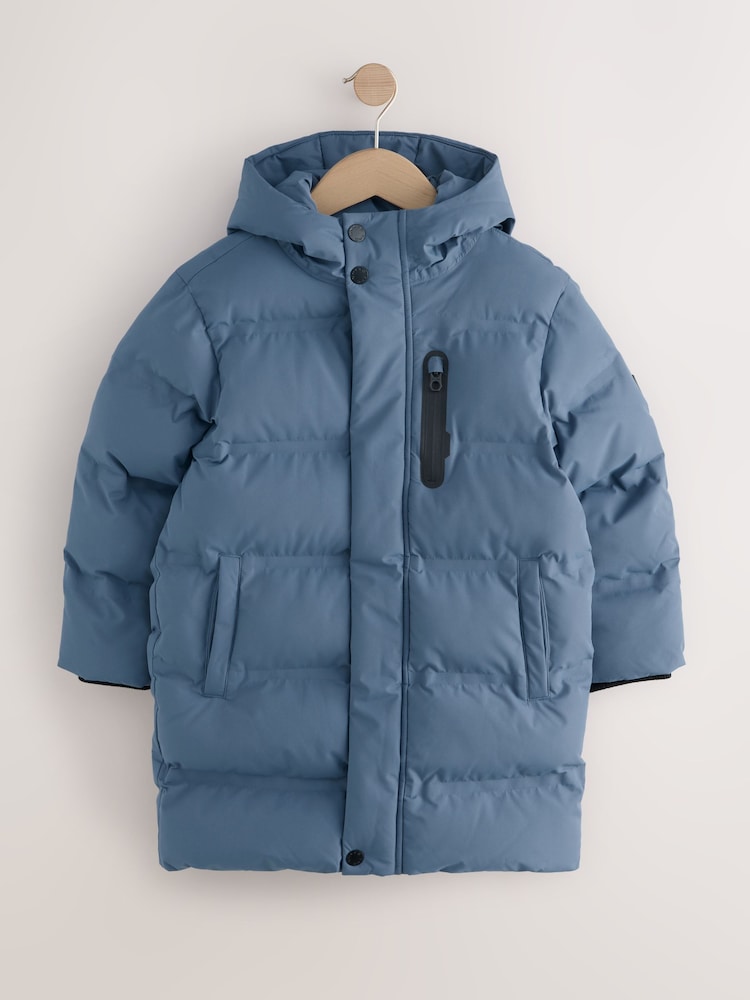 Blue Waterproof Long Line Fleece Lined Puffer Coat (3-17yrs) - Image 1 of 7