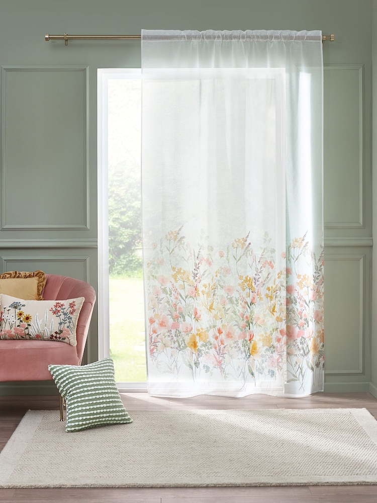 Catherine Lansfield White Countryside Floral Slot Top Voile Curtain Slot Header Panel - Image 1 of 4