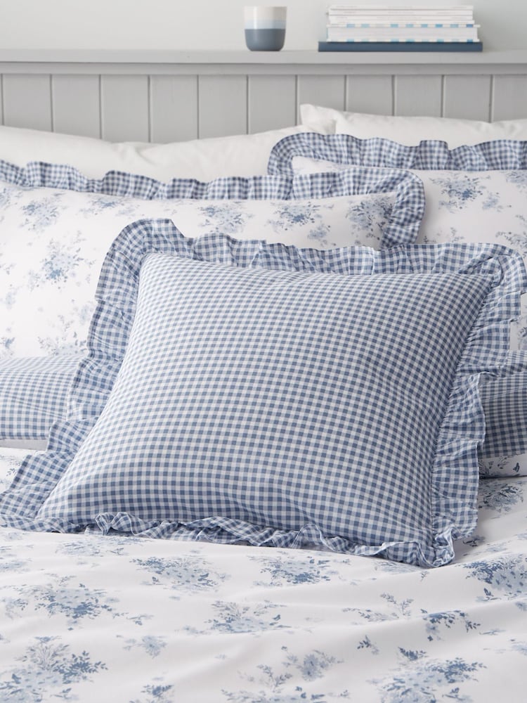 Catherine Lansfield Blue Lucie Gingham Check Frill Reversible Cushion - Image 1 of 2