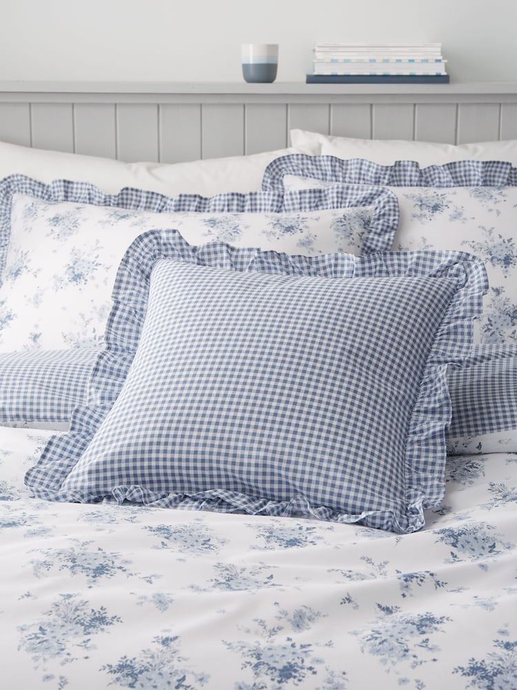 Catherine Lansfield Blue Lucie Gingham Check Frill Reversible Cushion - Image 2 of 2