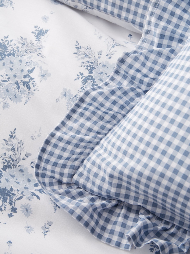 Catherine Lansfield Blue Lucie Gingham Check Frill Reversible Cushion - Image 2 of 2