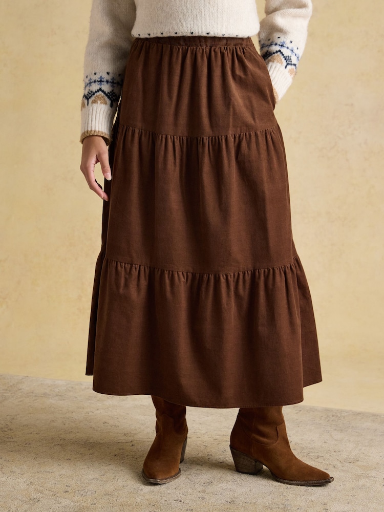 Joules Brown Cord Tiered Midi Skirt - Image 1 of 8 Joules Brown Cord Tiered Midi Skirt - Image 1 of 8