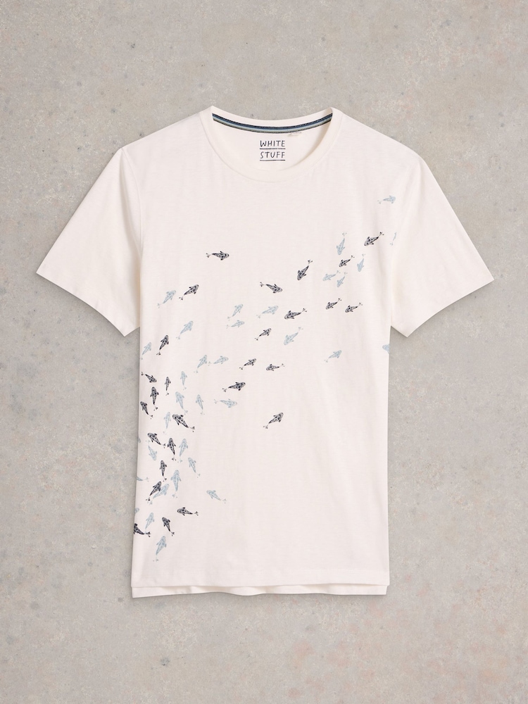 White Stuff White Swimming Fish 100% Cotton Graphic T-Shirt - Image 5 of 6