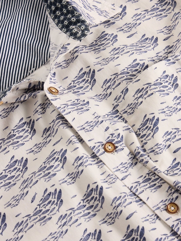 White Stuff White Shoal Fish Printed 100% Organic Cotton Shirt - Image 6 of 6
