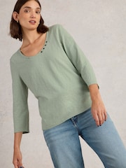 White Stuff Green 100% Cotton Nadia 3/4 Sleeve T-Shirt - Image 1 of 6