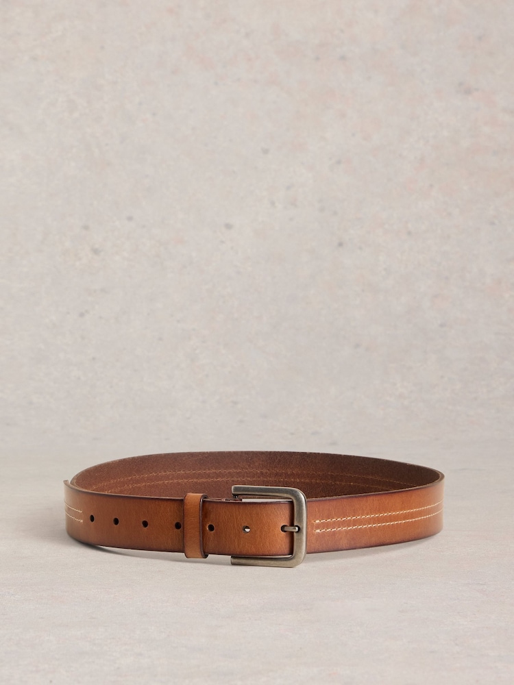 White Stuff Brown Double Stitch Leather Belt - Image 1 of 3