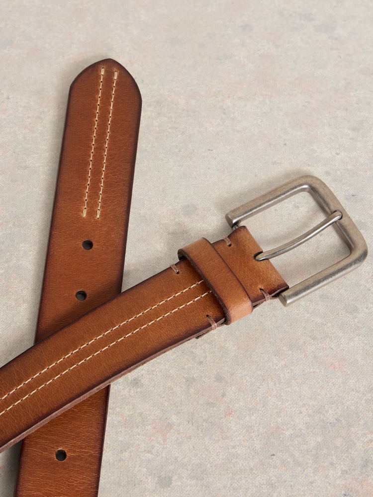 White Stuff Brown Double Stitch Leather Belt - Image 3 of 3