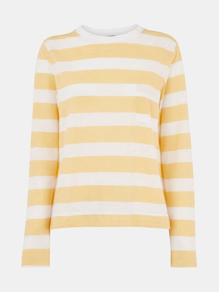 Whistles Yellow Stripe Crew Neck Pocket 100% Cotton Top - Image 5 of 5