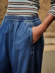 Mid Blue Barrel Leg Denim Jersey Trousers - Image 5 of 8