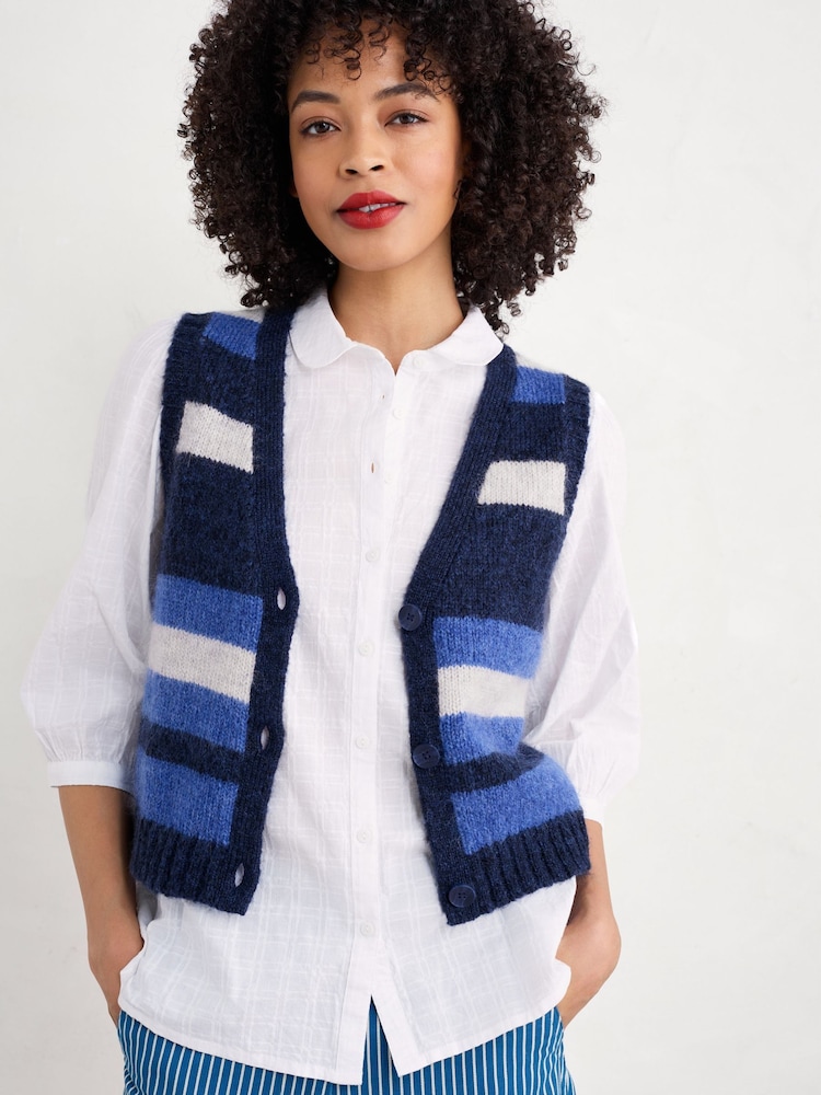 Seasalt Cornwall Blue Painter Striped Button Down Vest - Image 1 of 6