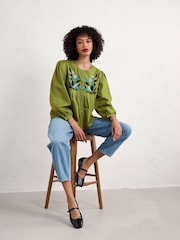 Seasalt Cornwall Green Thornapple 100% Cotton Embroidered Shirt - Image 4 of 5