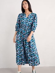 Seasalt Cornwall Black Multi Fawn 100% Organic Cotton Waisted Midi Dress - Image 1 of 5
