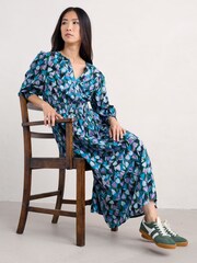 Seasalt Cornwall Black Multi Fawn 100% Organic Cotton Waisted Midi Dress - Image 3 of 5