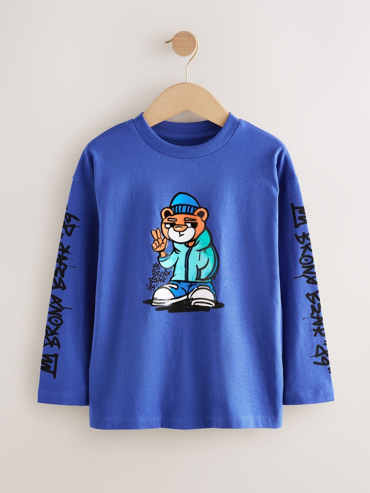 Blue Hip Hop Bear Relaxed Fit Graphic Print Long Sleeve Cotton T-Shirt (3-16yrs) - Image 1 of 4