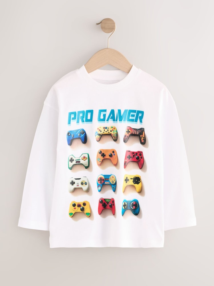 White Gamer Relaxed Fit Graphic Print Long Sleeve Cotton T-Shirt (3-16yrs) - Image 4 of 4
