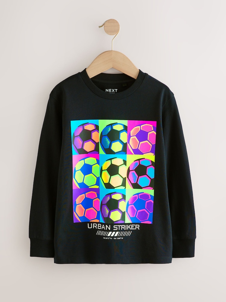 Black Bright Football Relaxed Fit Long Sleeve Graphic Print 100% Cotton T-Shirt (3-16yrs) - Image 1 of 4 Black Bright Football Relaxed Fit Long Sleeve Graphic Print 100% Cotton T-Shirt (3-16yrs) - Image 1 of 4