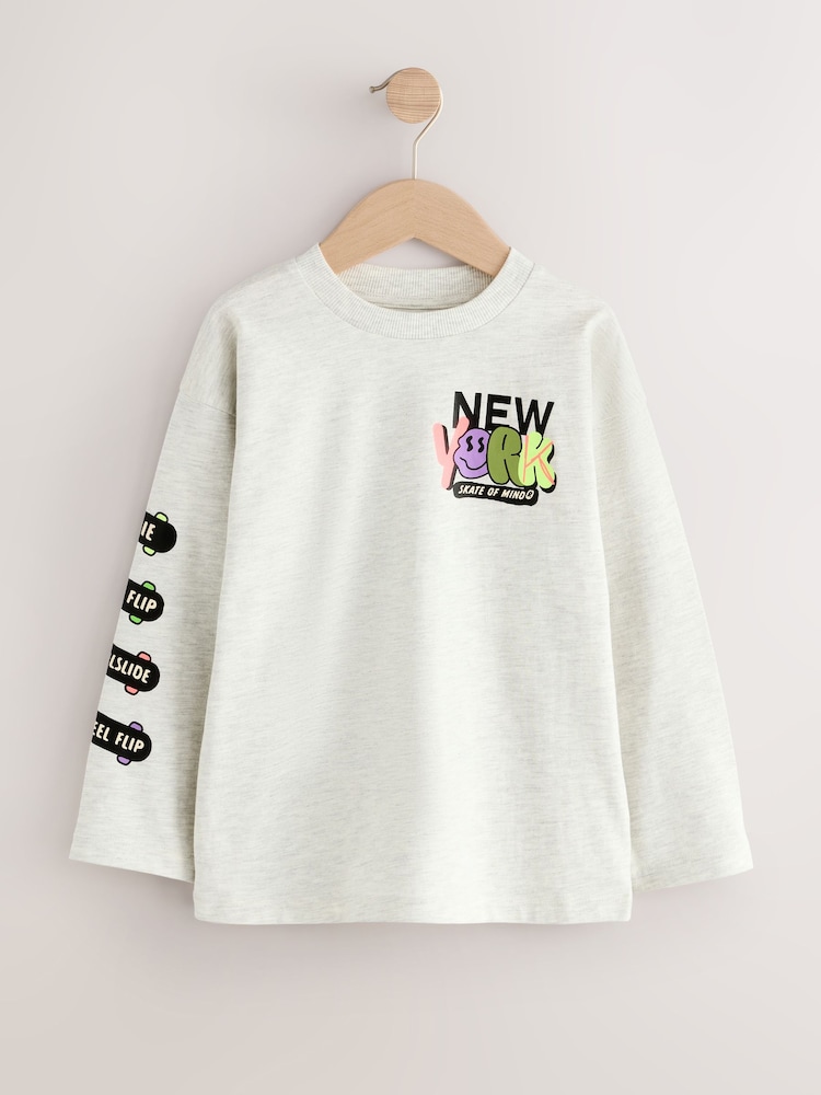 Grey Marl Slogan Graffiti Relaxed Fit Graphic Print Long Sleeve Cotton T-Shirt (3-16yrs) - Image 1 of 4 Grey Marl Slogan Graffiti Relaxed Fit Graphic Print Long Sleeve Cotton T-Shirt (3-16yrs) - Image 1 of 4