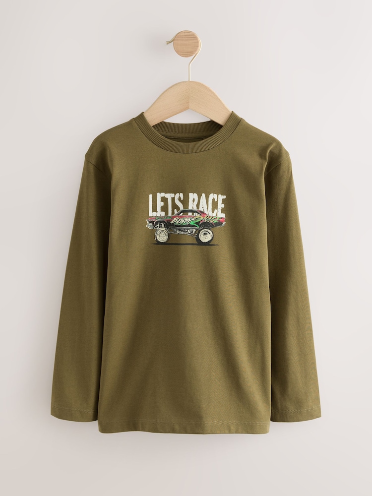 Khaki Green Car Relaxed Fit Long Sleeve Graphic Print 100% Cotton T-Shirt (3-16yrs) - Image 1 of 4