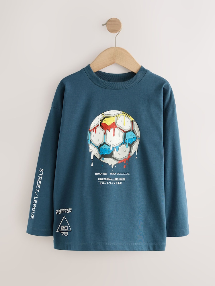 Mid Blue Football Relaxed Fit Graphic Print Long Sleeve Cotton T-Shirt (3-16yrs) - Image 1 of 4 Mid Blue Football Relaxed Fit Graphic Print Long Sleeve Cotton T-Shirt (3-16yrs) - Image 1 of 4