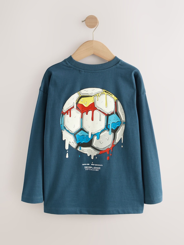 Mid Blue Football Relaxed Fit Graphic Print Long Sleeve Cotton T-Shirt (3-16yrs) - Image 2 of 4 Mid Blue Football Relaxed Fit Graphic Print Long Sleeve Cotton T-Shirt (3-16yrs) - Image 2 of 4