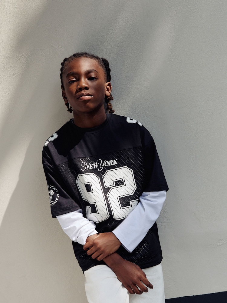 Black/White Varsity Short and Long Sleeve T-Shirt 2 Piece Set (3-16yrs) - Image 2 of 16 Black/White Varsity Short and Long Sleeve T-Shirt 2 Piece Set (3-16yrs) - Image 2 of 16