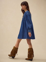 Azul médio - Vestido mini leve Smock Denim 100% cotton - Imagem 2 de 3