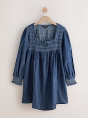 Mid Blue Lightweight Smock Denim 100% Cotton Mini Dress - Image 4 of 6