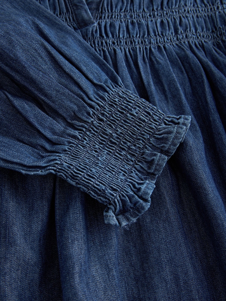 Mid Blue Lightweight Smock Denim 100% Cotton Mini Dress - Image 6 of 6