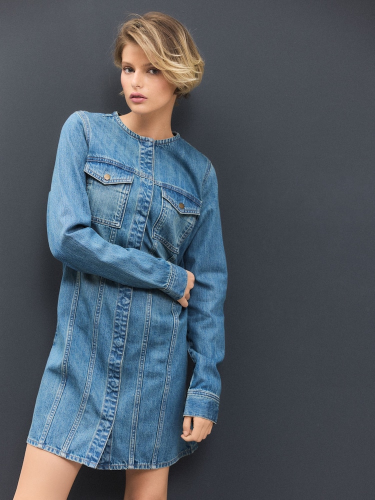 Mid Blue Collarless Long Sleeve Denim 100% Cotton Mini Dress - Image 1 of 6 Mid Blue Collarless Long Sleeve Denim 100% Cotton Mini Dress - Image 1 of 6