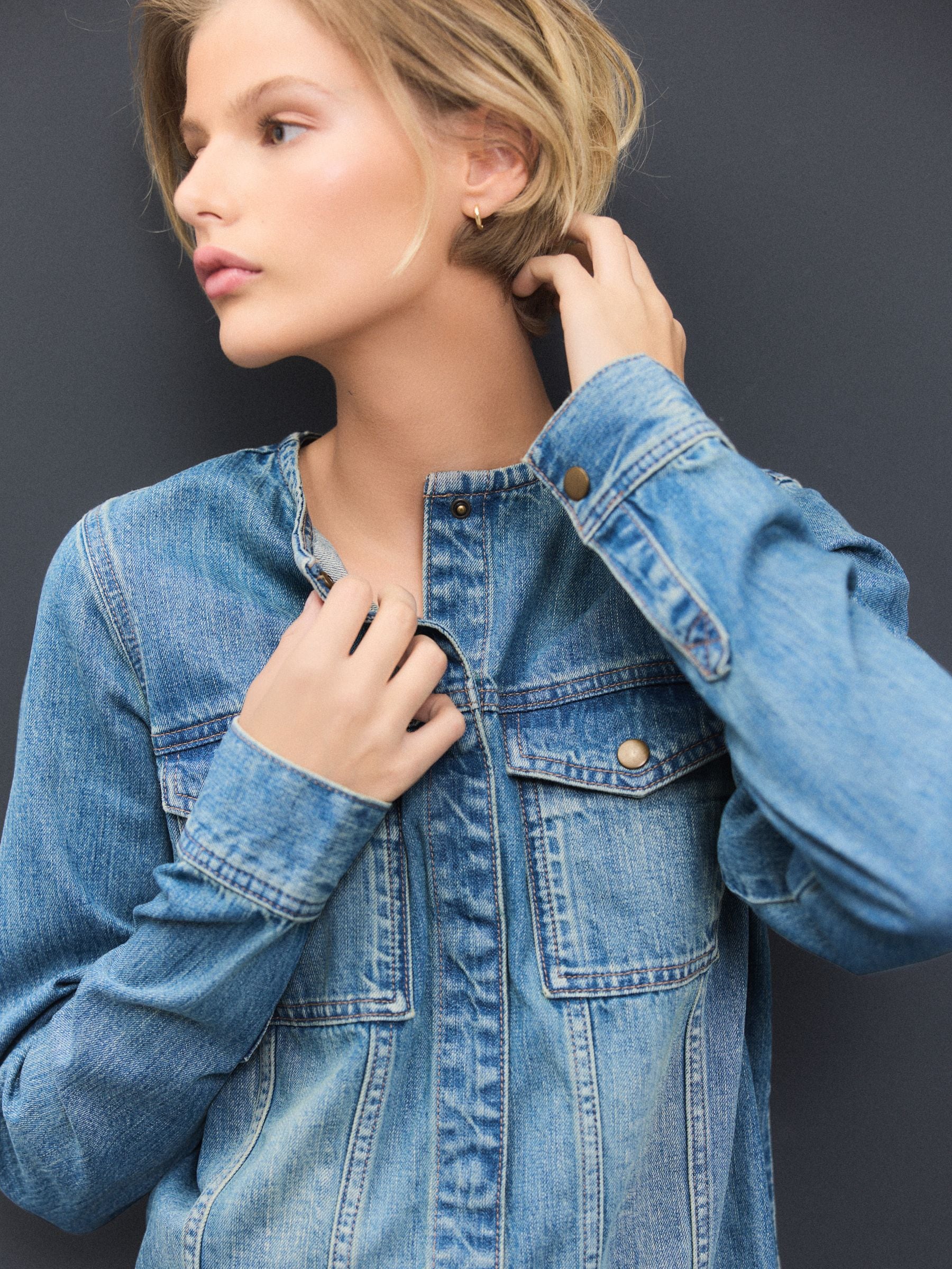 Buy Mid Blue Collarless Long Sleeve Denim 100% Cotton Mini Dress