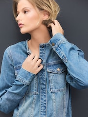 Green Tint Collarless Long Sleeve Denim 100% Cotton Mini Dress - Image 4 of 7