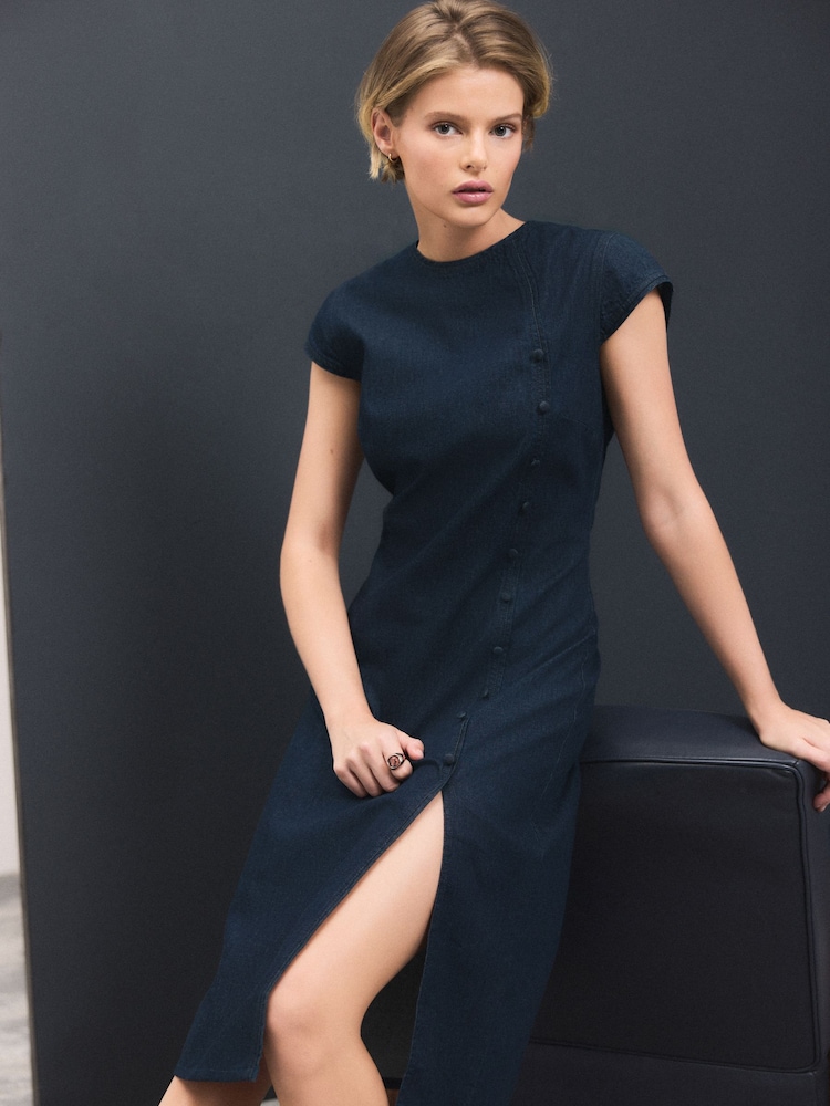 Rinse Mandarin Collarless Denim Dress - Image 1 of 7 Rinse Mandarin Collarless Denim Dress - Image 1 of 7