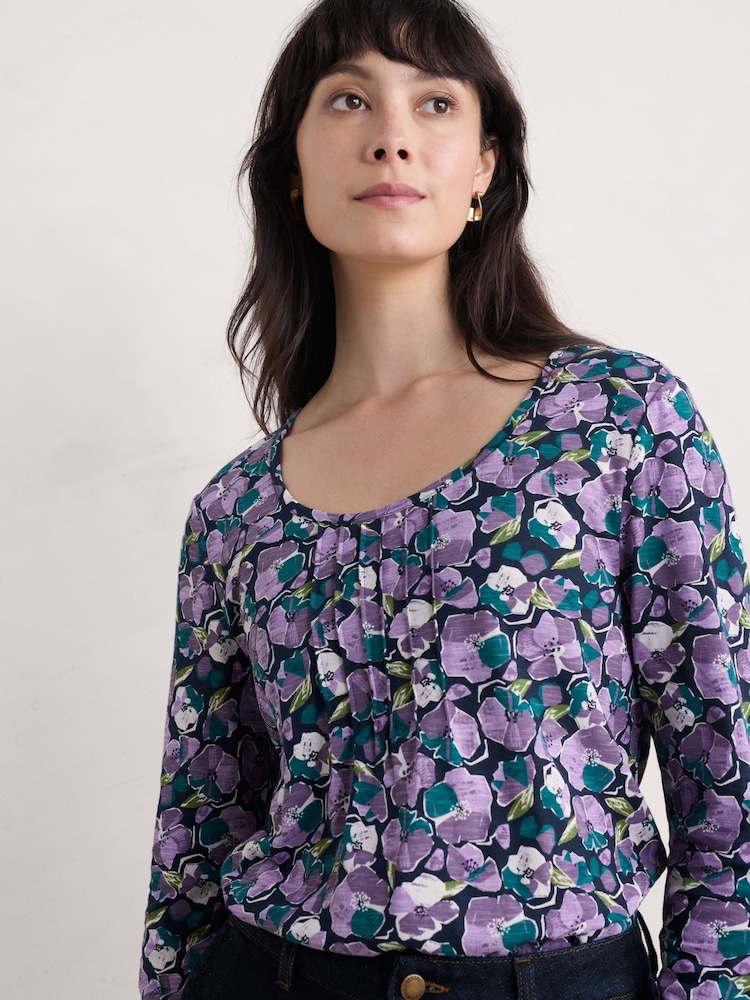 Seasalt Cornwall Purple Penhollow 100% Cotton Printed Top - Image 2 of 5