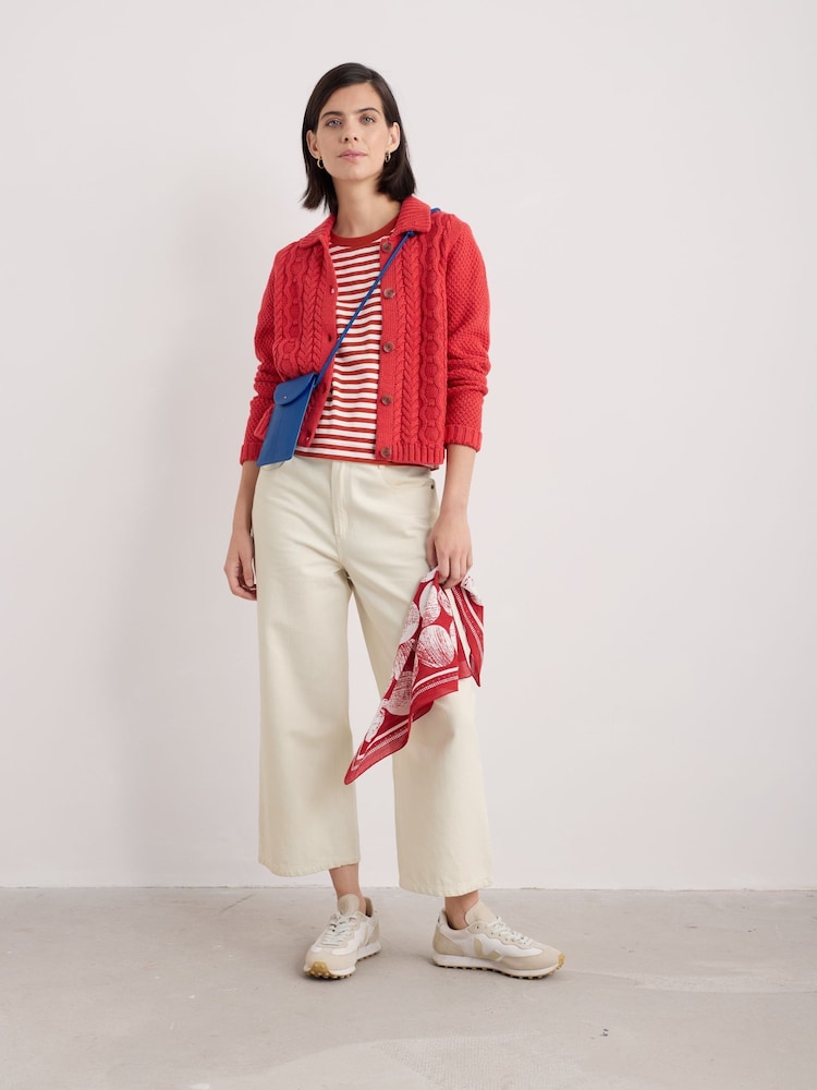Seasalt Cornwall Red Forest Ridge Cable Knit Collared 100% Cotton Cardigan - Image 1 of 3